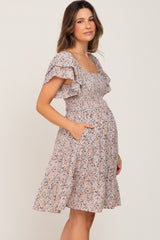 Cream Floral Smocked Tiered Maternity Dress