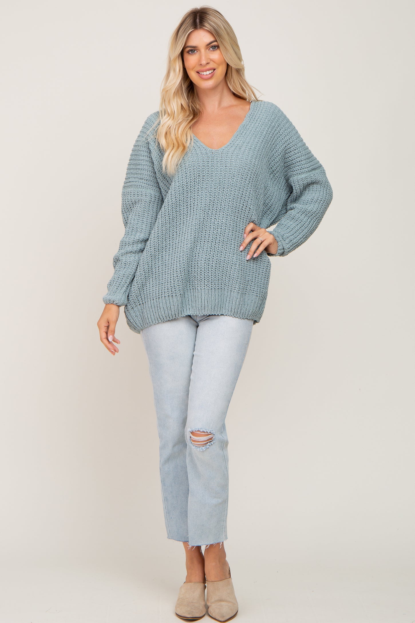 Mint Soft Knit V-Neck Sweater
