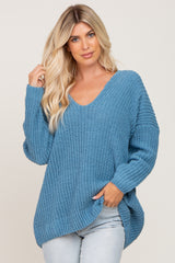Blue Soft Knit V-Neck Maternity Sweater