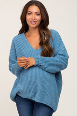 Blue Soft Knit V-Neck Maternity Sweater