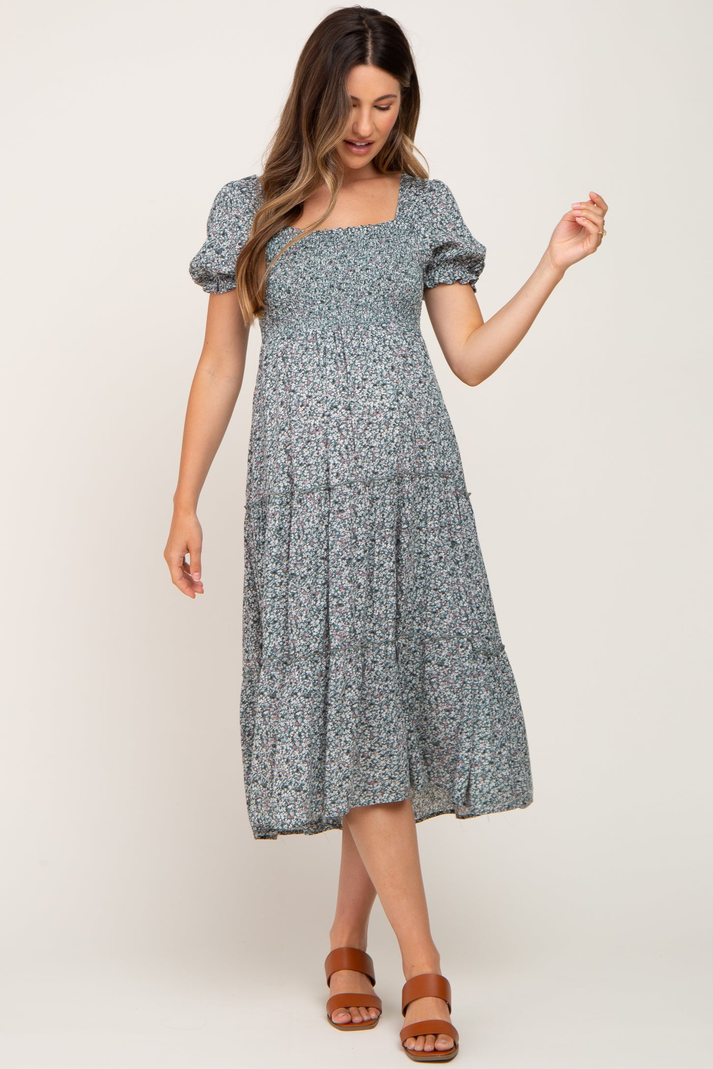 Teal Ditsy Floral Smocked Tiered Maternity Midi Dress