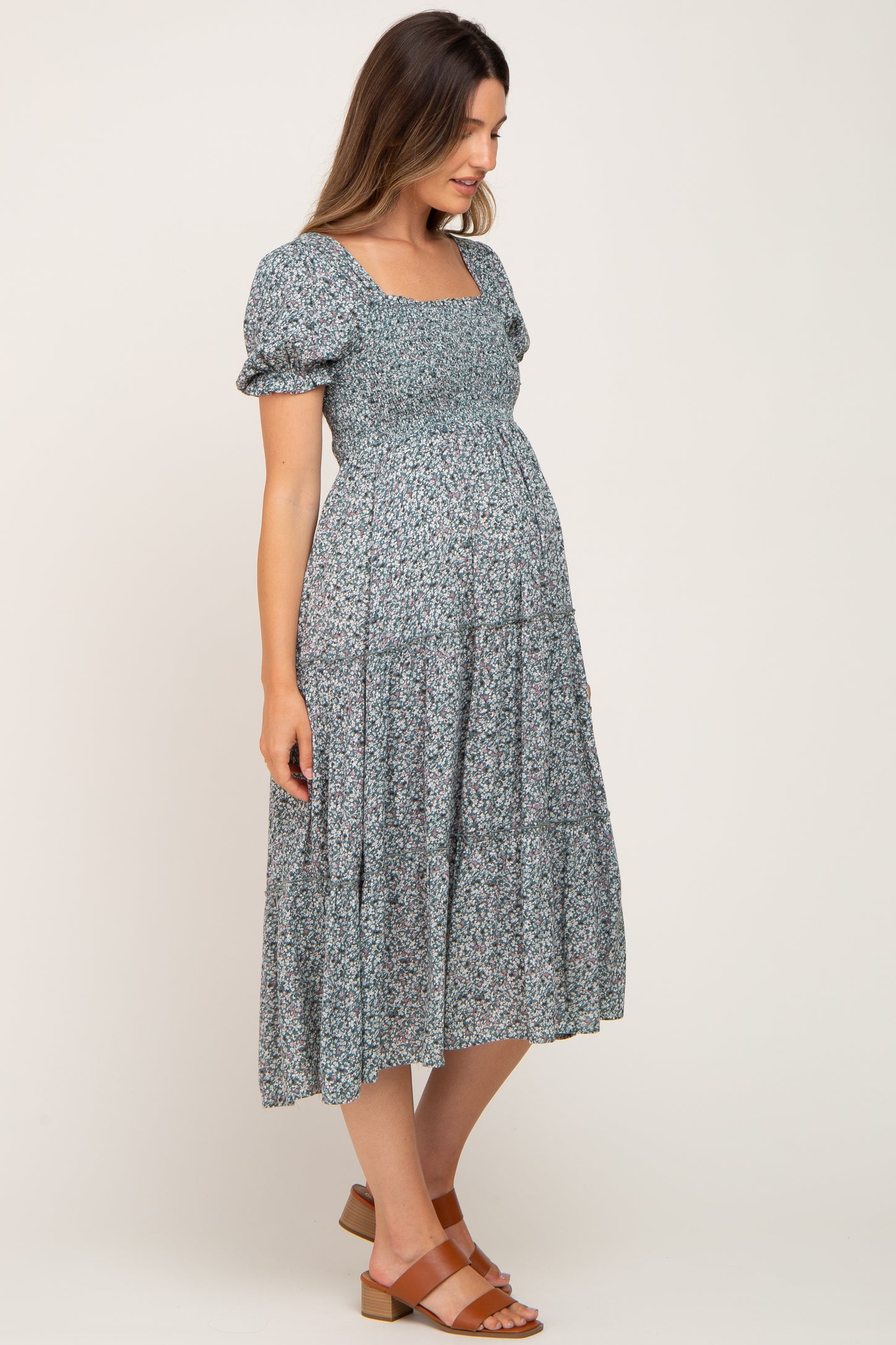 Teal Ditsy Floral Smocked Tiered Maternity Midi Dress