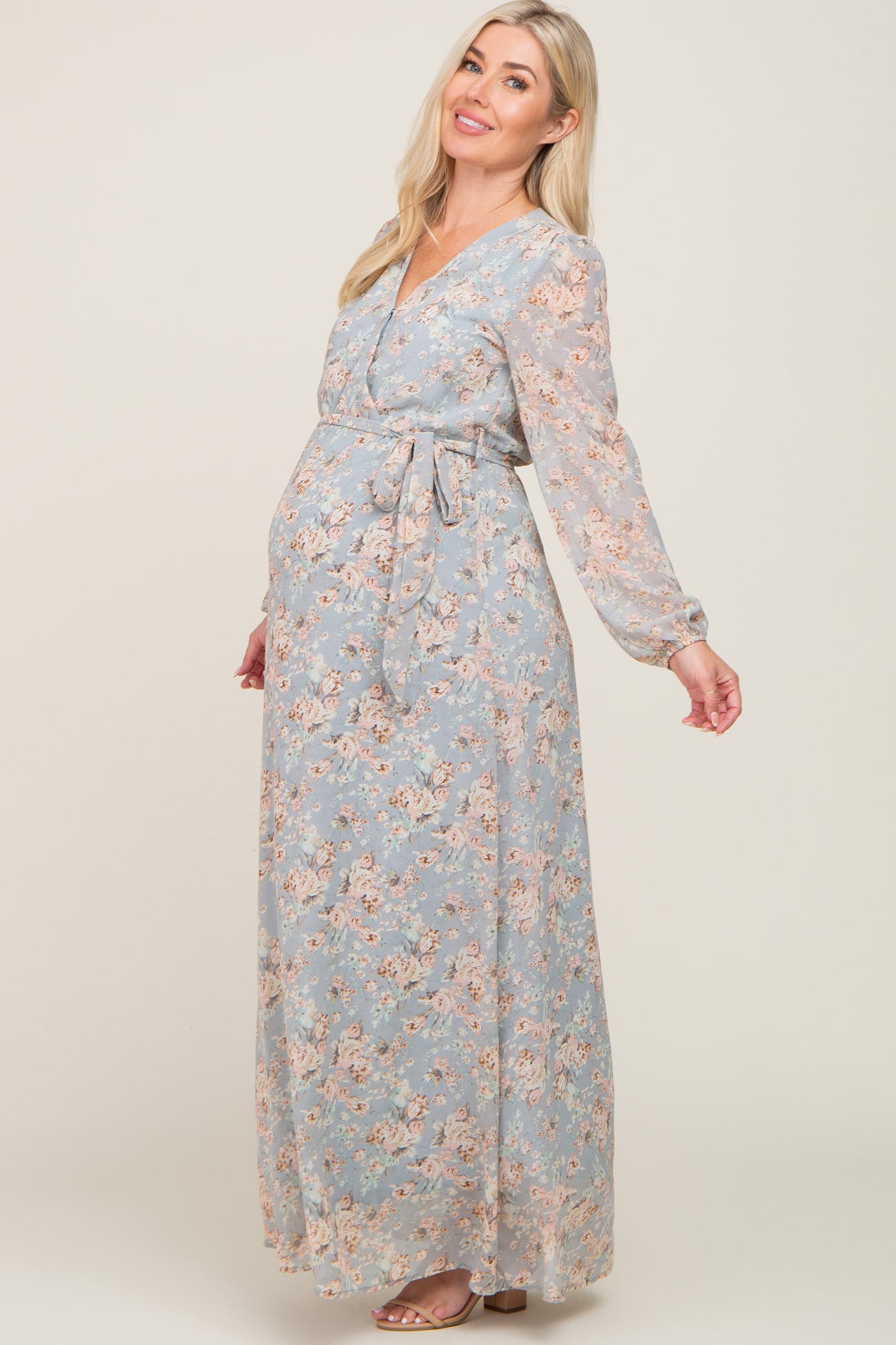 Light Grey Floral Chiffon Maternity Maxi Dress– PinkBlush