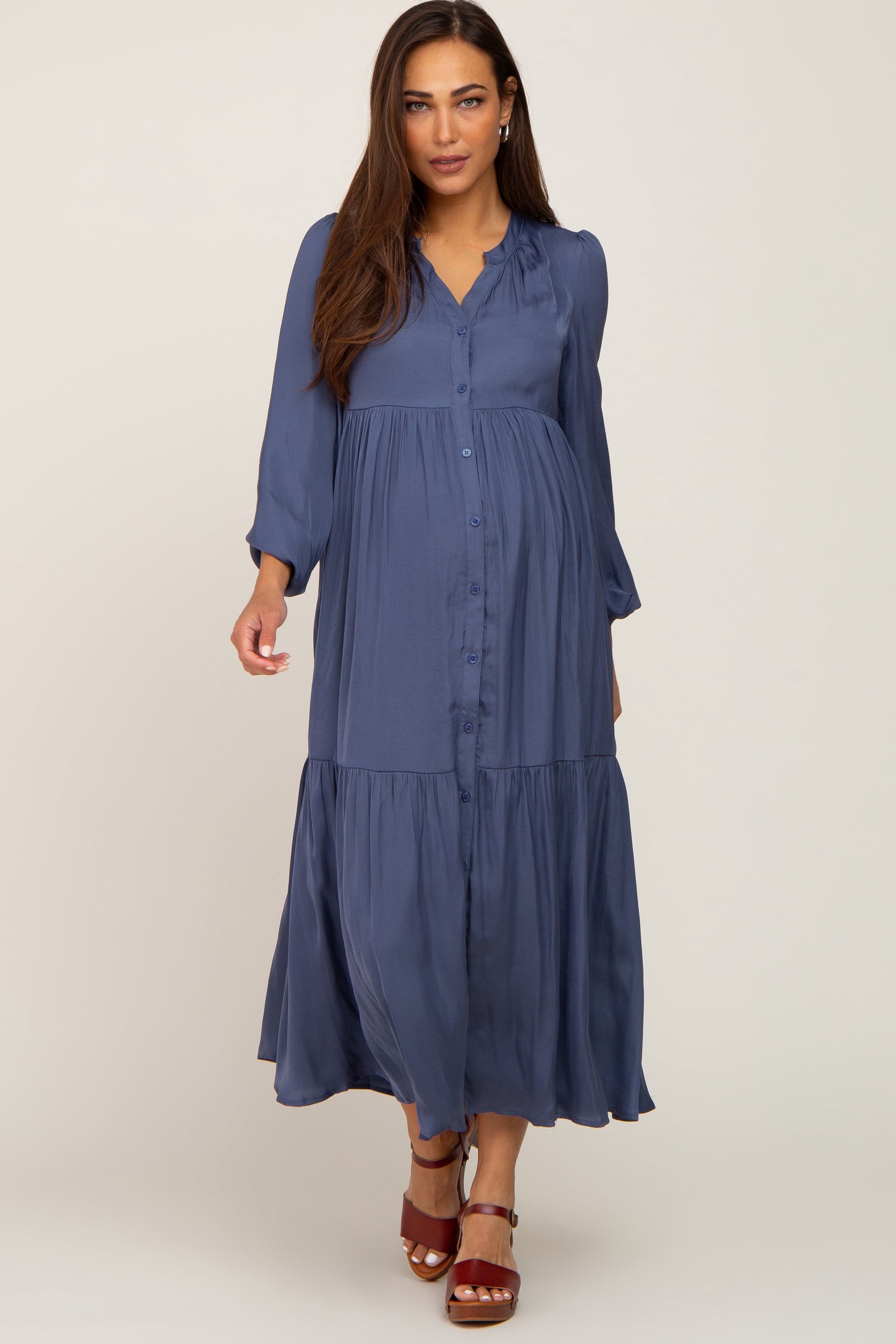 Navy Long Sleeve Tiered Maternity Maxi Dress– PinkBlush