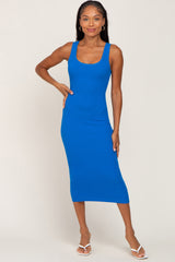 Blue Fitted Knit Midi Dress