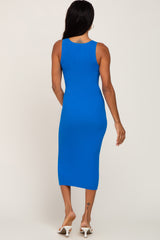 Blue Fitted Knit Midi Dress