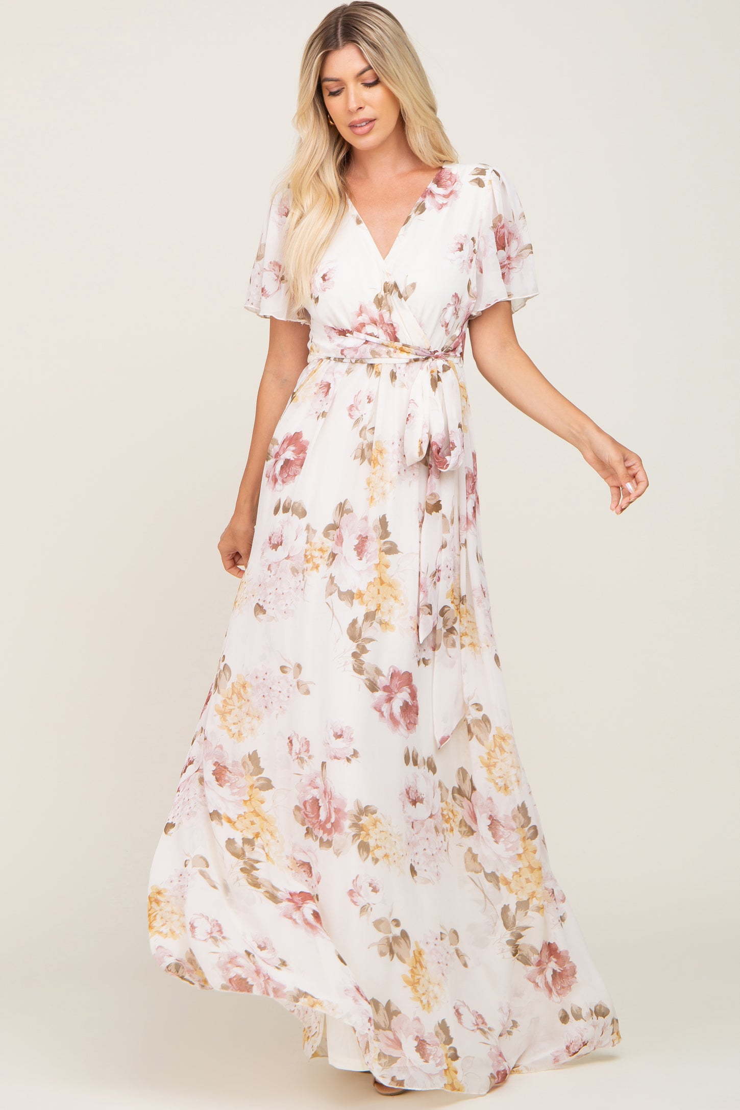 floral chiffon wrap dress Women's Pink Floral Chiffon Frill Plunge Strappy Maxi Dress