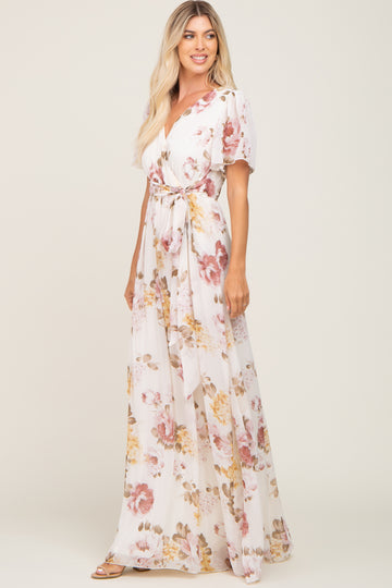 Cream Floral Chiffon Wrap Short Sleeve Maxi Dress