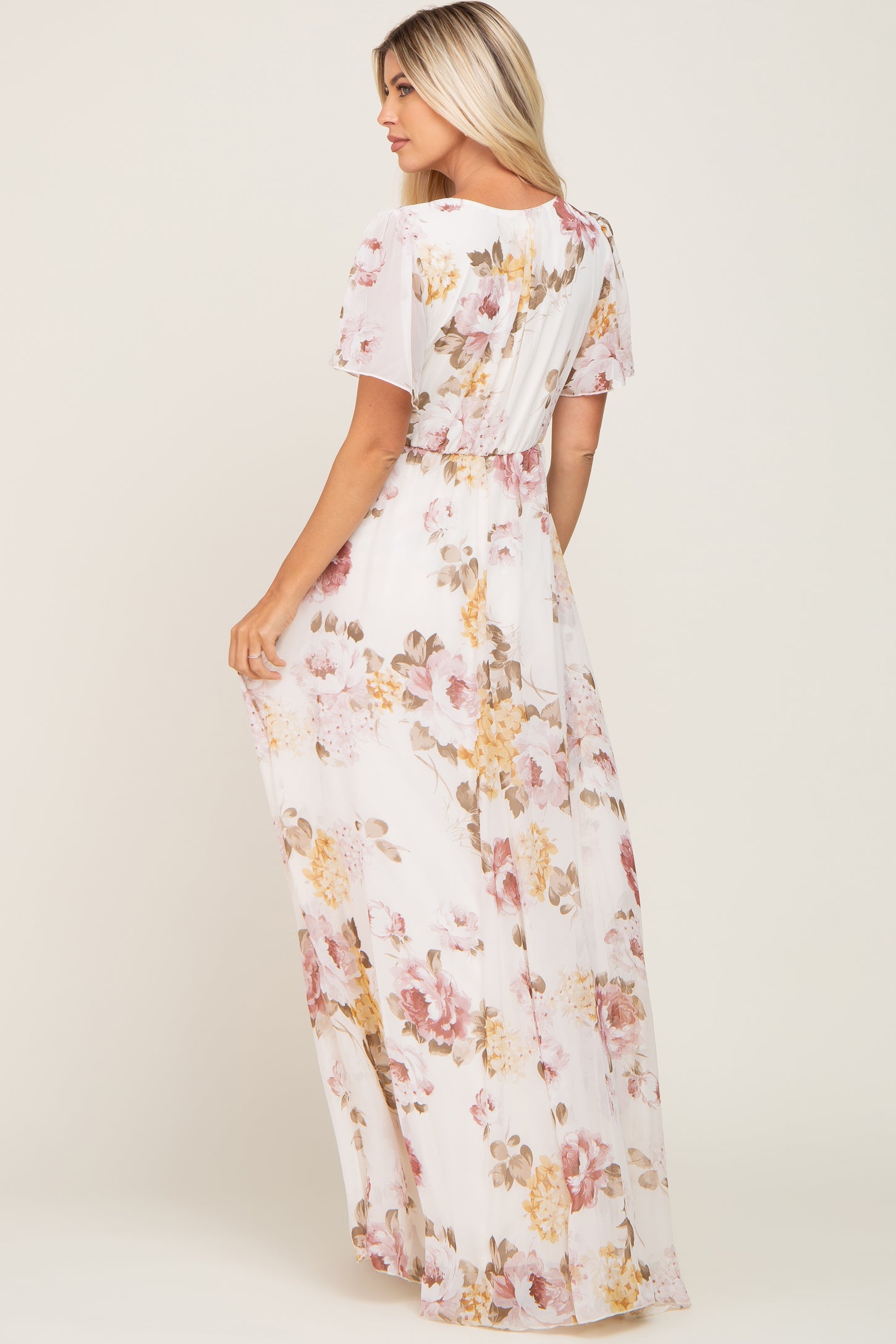 Cream Floral Chiffon Wrap Short Sleeve Maxi Dress – PinkBlush