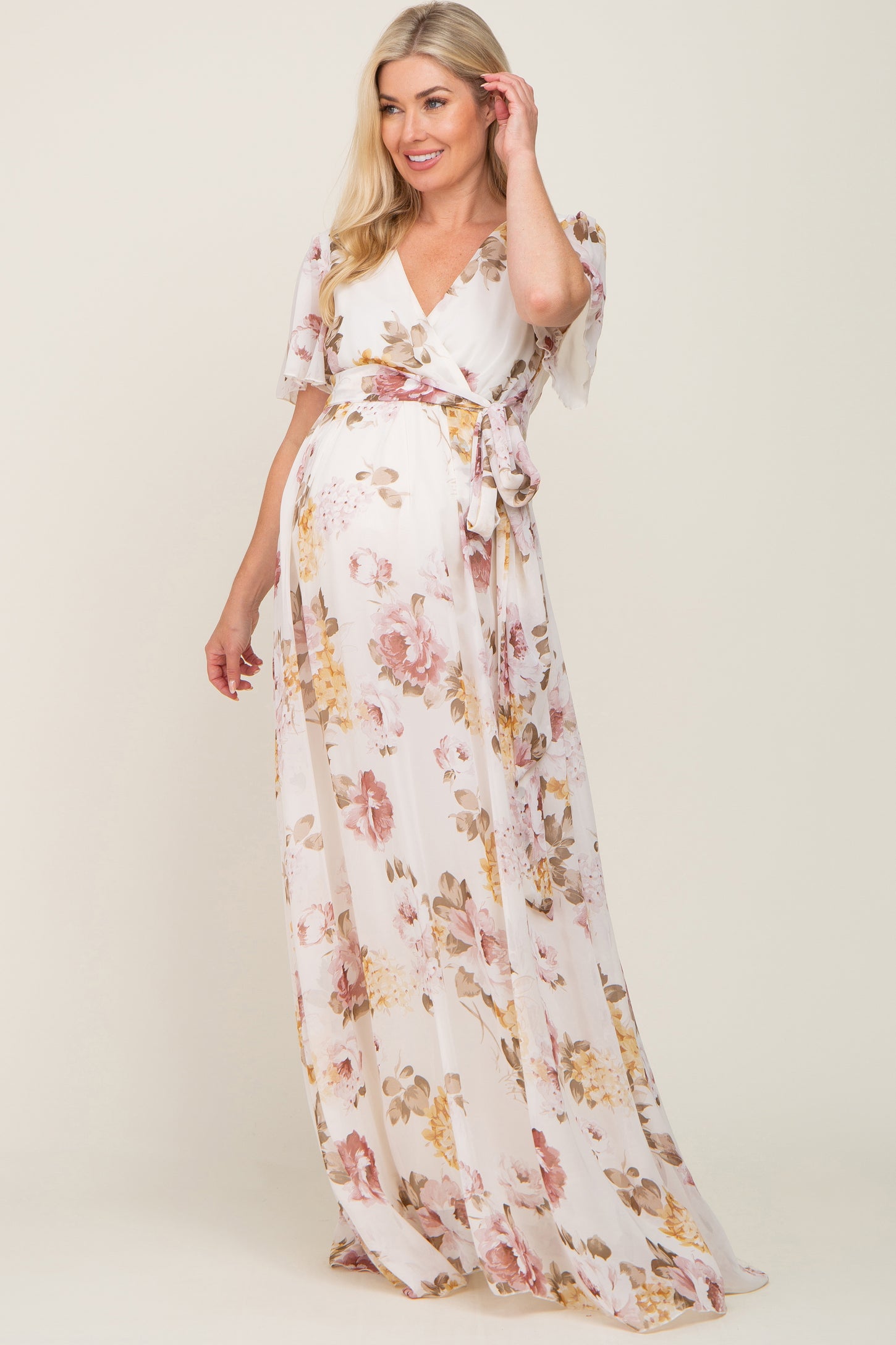 Cream Floral Chiffon Wrap Short Sleeve Maternity Maxi Dress PinkBlush