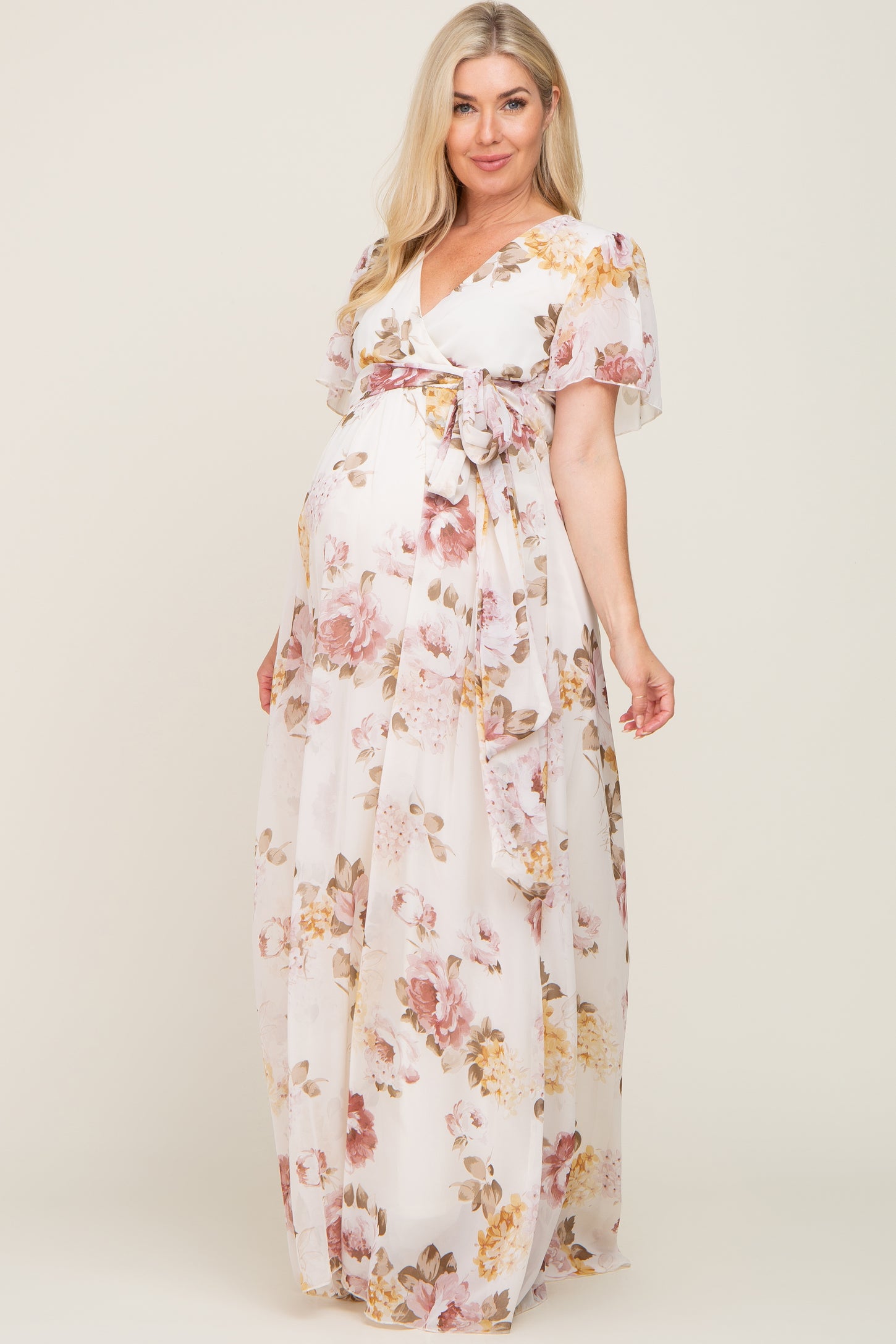 Cream Floral Chiffon Wrap Short Sleeve Maternity Maxi Dress PinkBlush