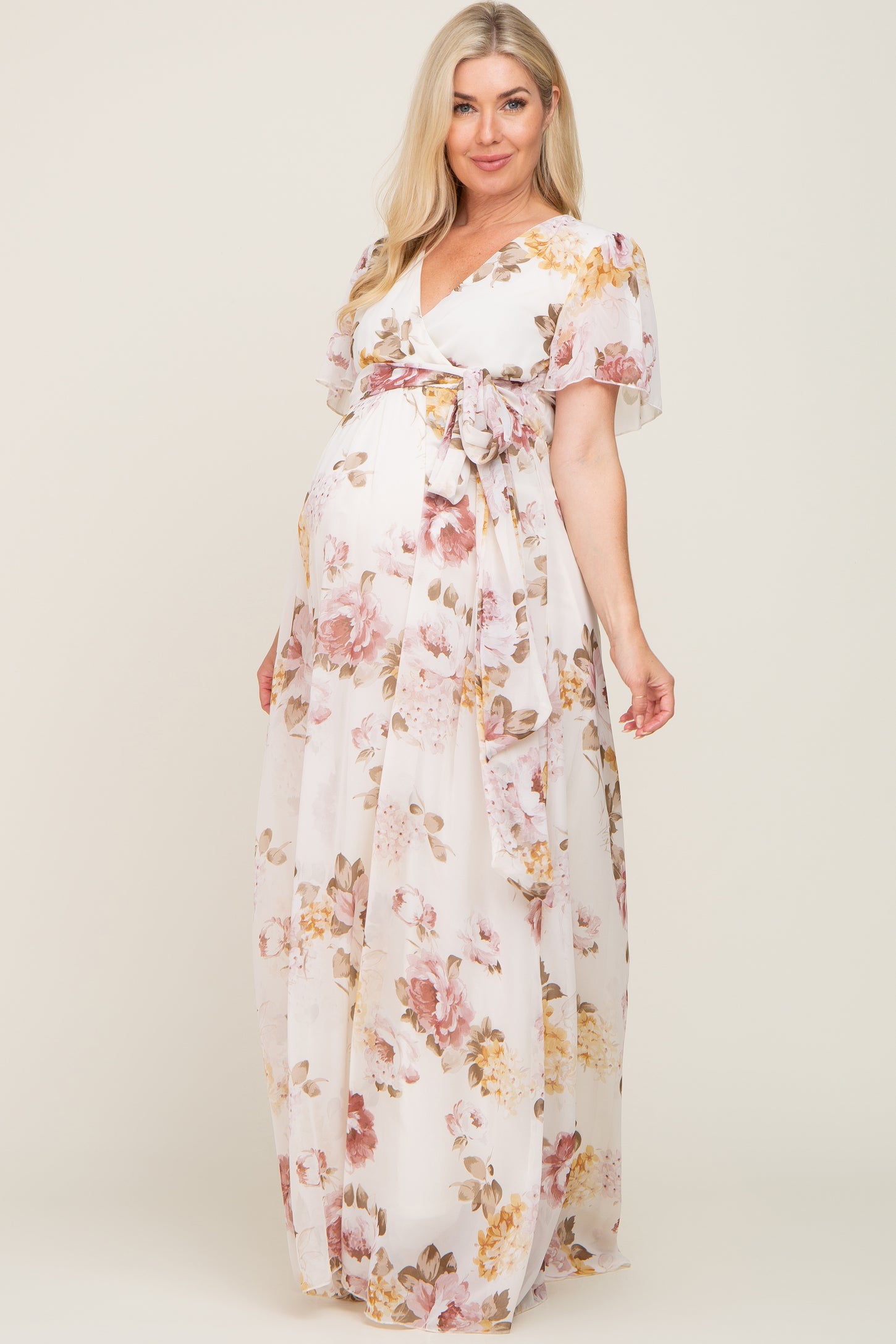 Cream Floral Chiffon Wrap Short Sleeve Maternity Maxi Dress– PinkBlush