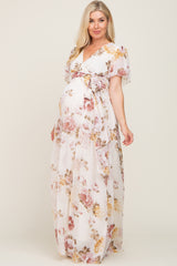 Cream Floral Chiffon Wrap Short Sleeve Maternity Maxi Dress
