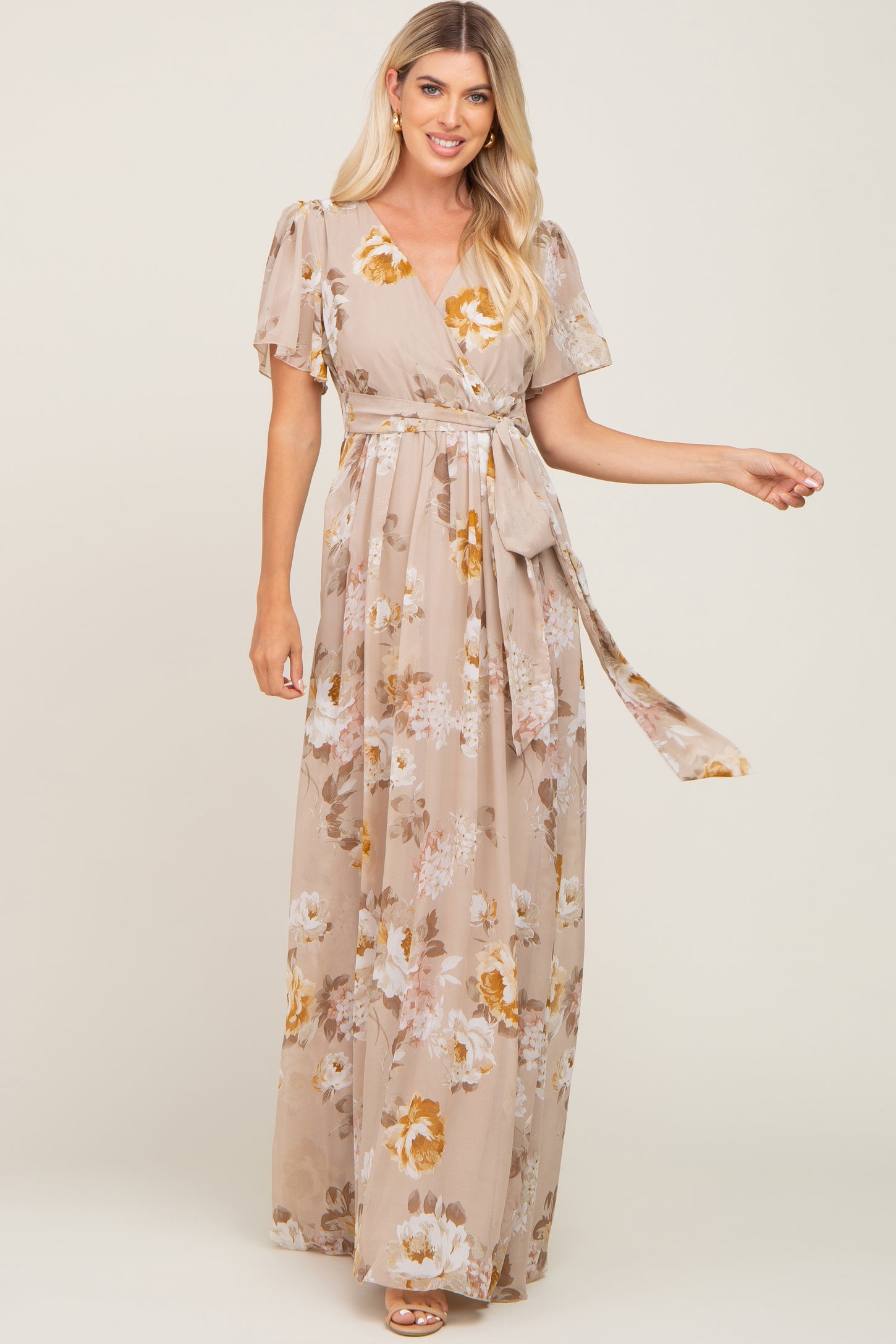 floral chiffon maternity maxi dress Green Floral Chiffon V-Neck Long Sleeve Maternity Maxi Dress