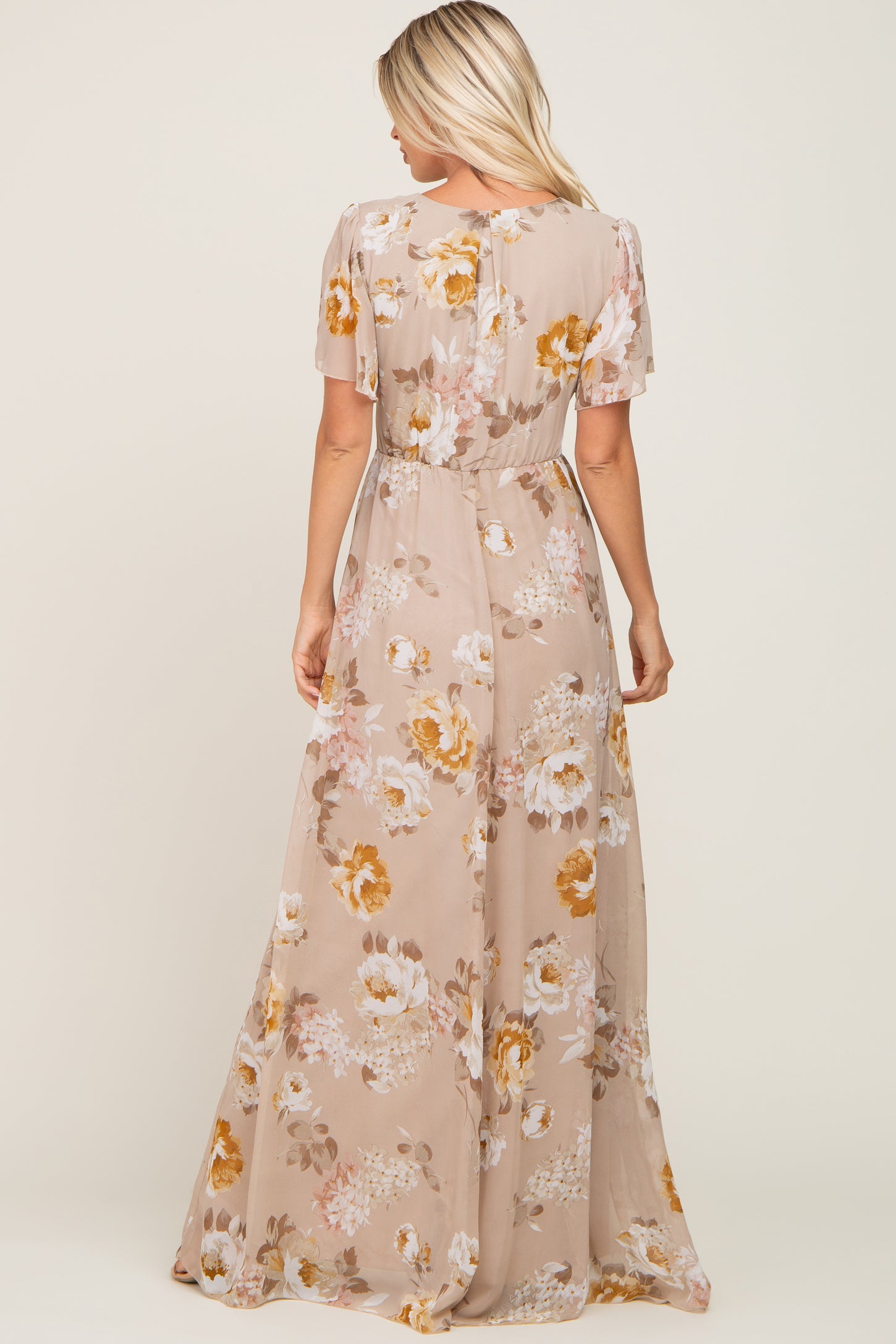 Taupe Floral Chiffon Wrap Short Sleeve Maxi Dress Small