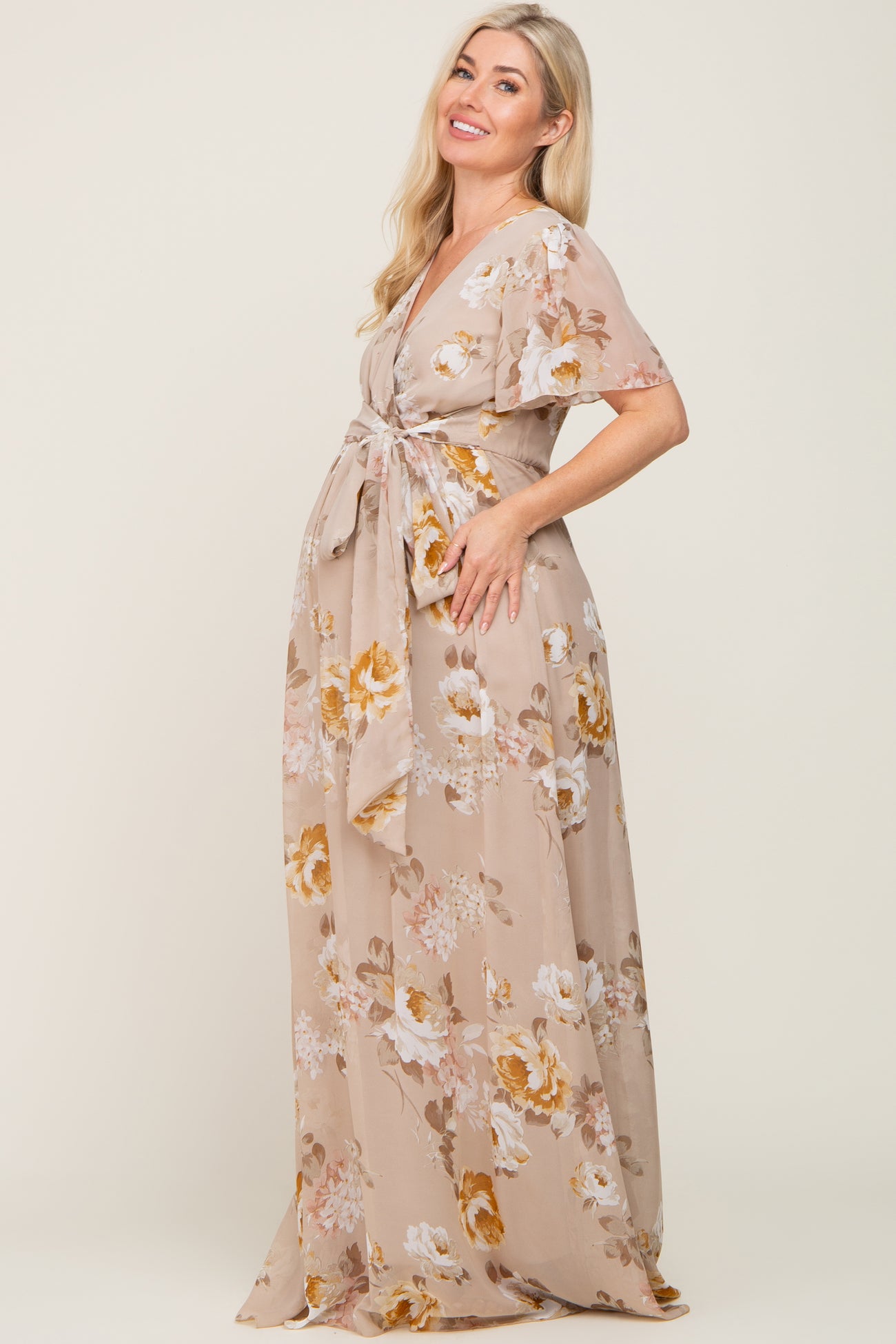 Taupe Floral Chiffon Wrap Short Sleeve Maternity Maxi Dress PinkBlush Taupe Floral Chiffon Wrap Short Sleeve Maternity Maxi Dress PinkBlush