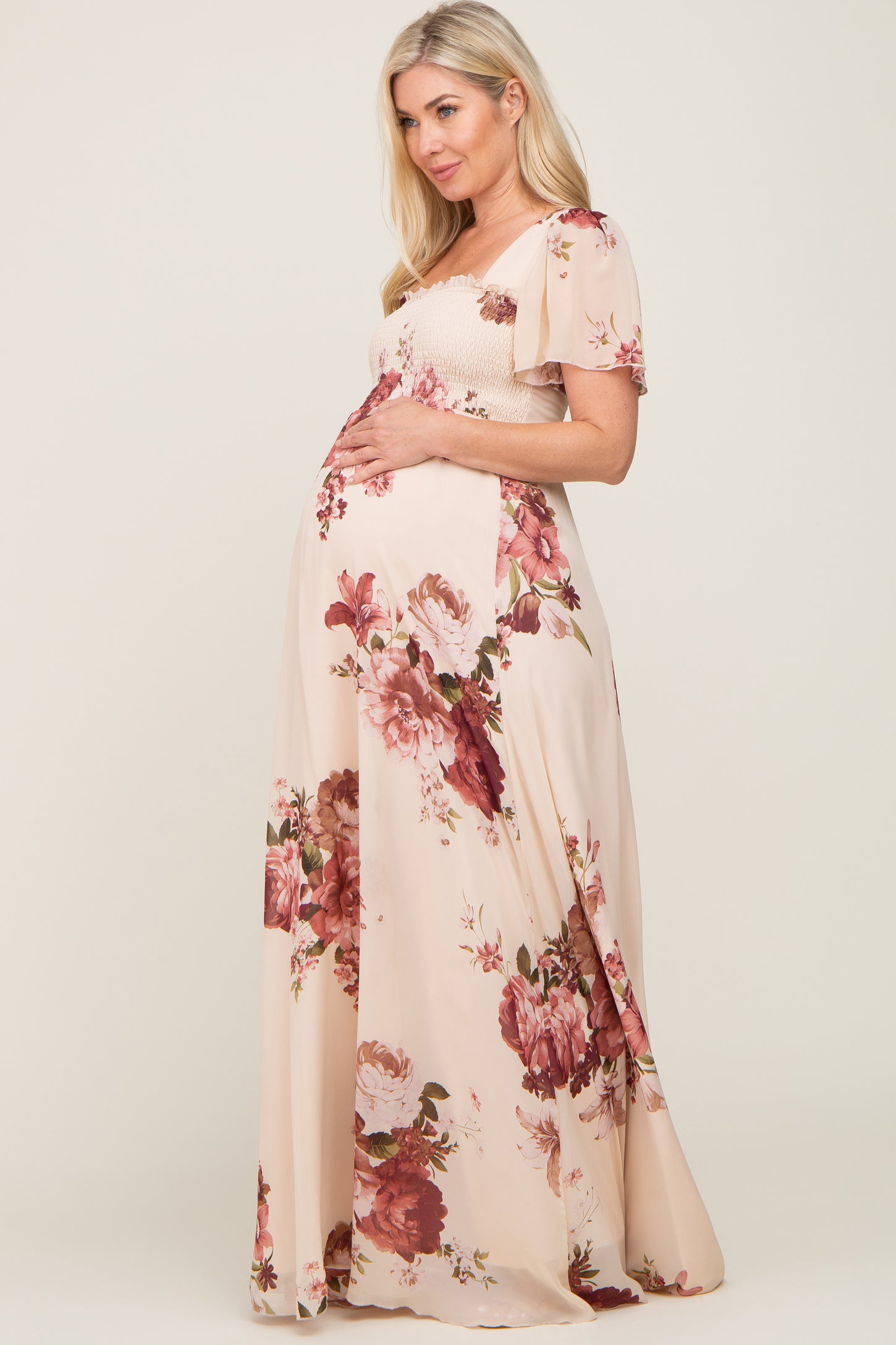 Cream Floral Chiffon Smocked Maternity Maxi Dress– PinkBlush