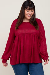 Burgundy Knit Ribbed Babydoll Maternity Plus Top
