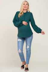 Forest Green Ruffle Neck Maternity Long Sleeve Blouse