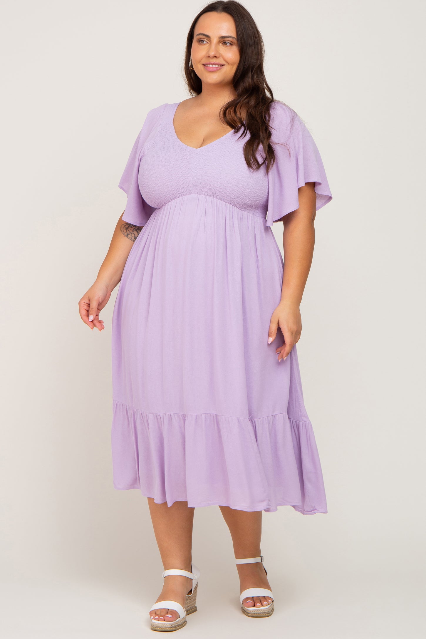 Lavender Smocked Ruffle Maternity Plus Dress– PinkBlush