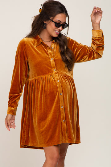 Dark Yellow Velvet Button Down Maternity Mini Dress