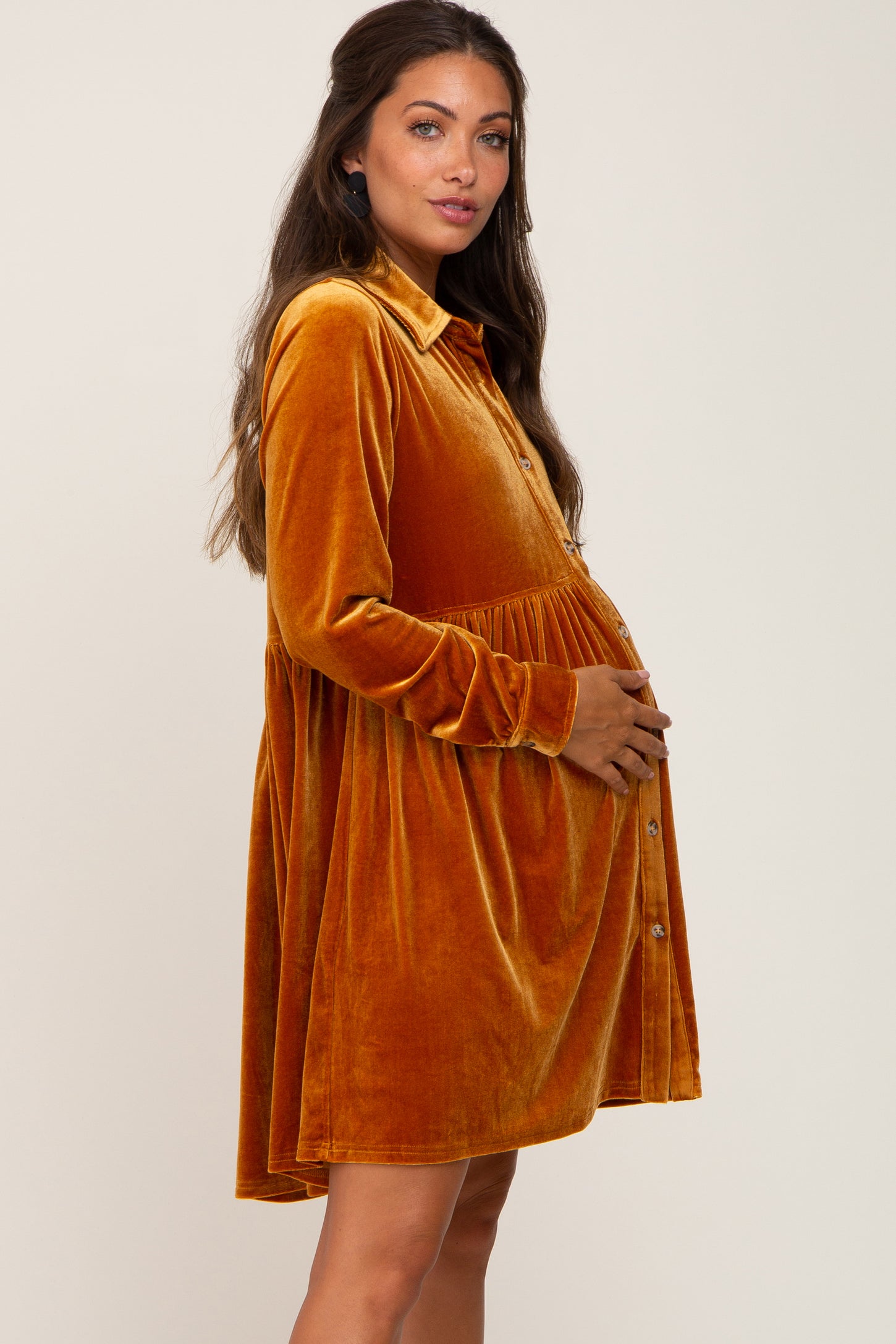 Dark Yellow Velvet Button Down Maternity Mini Dress Dark Yellow Velvet Button Down Maternity Mini Dress