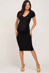 Black Basic Ribbed Maternity Fitted Midi Dress