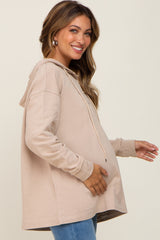 Beige Button Front Hooded Maternity Top