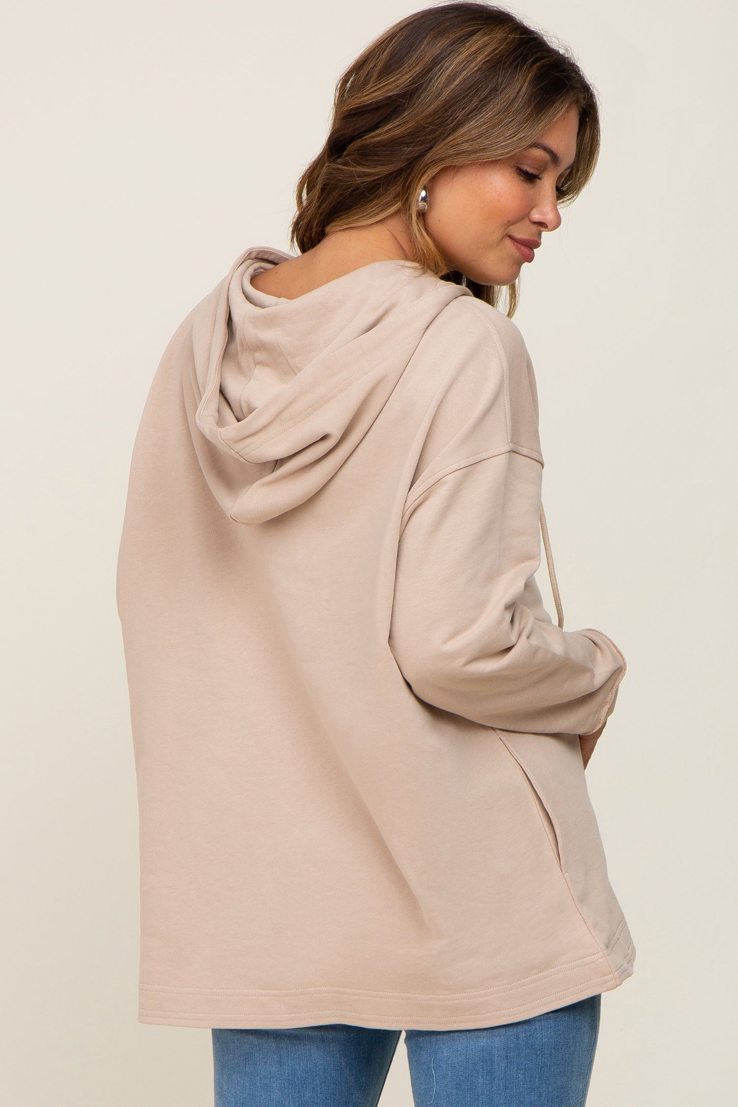Beige Button Front Hooded Maternity Top