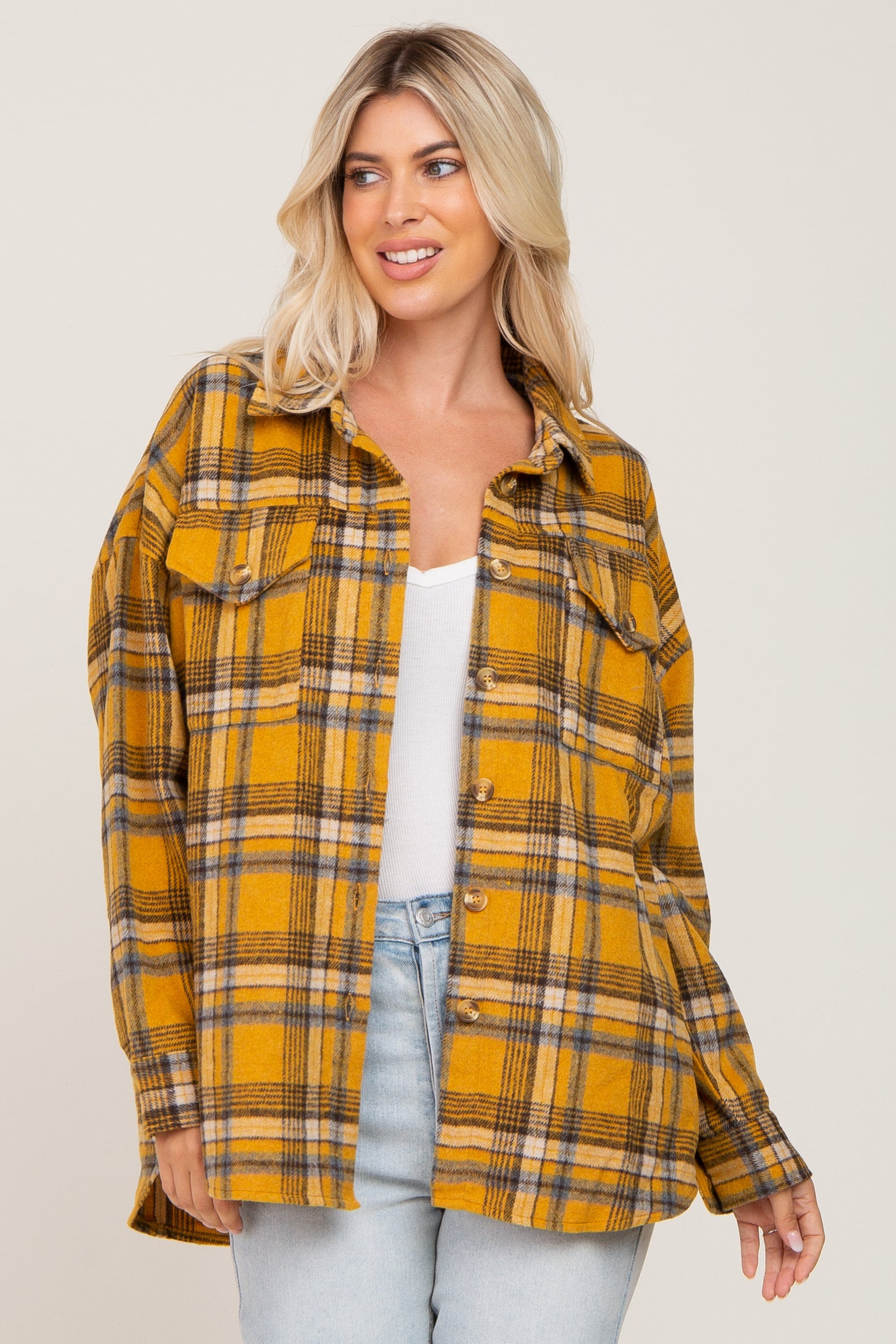 Mustard Plaid Maternity Shirt Jacket