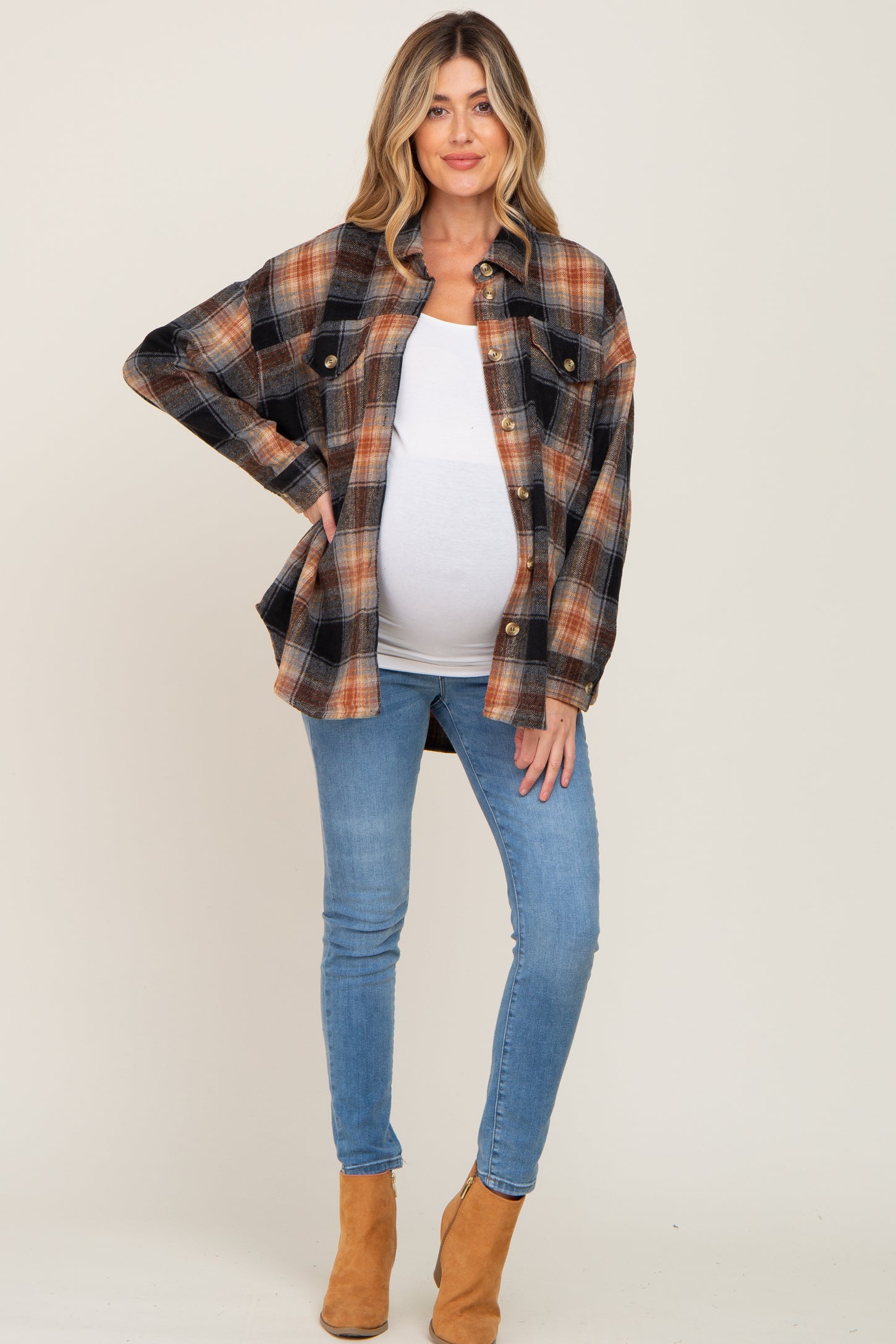 Black Plaid Maternity Shirt Jacket PinkBlush