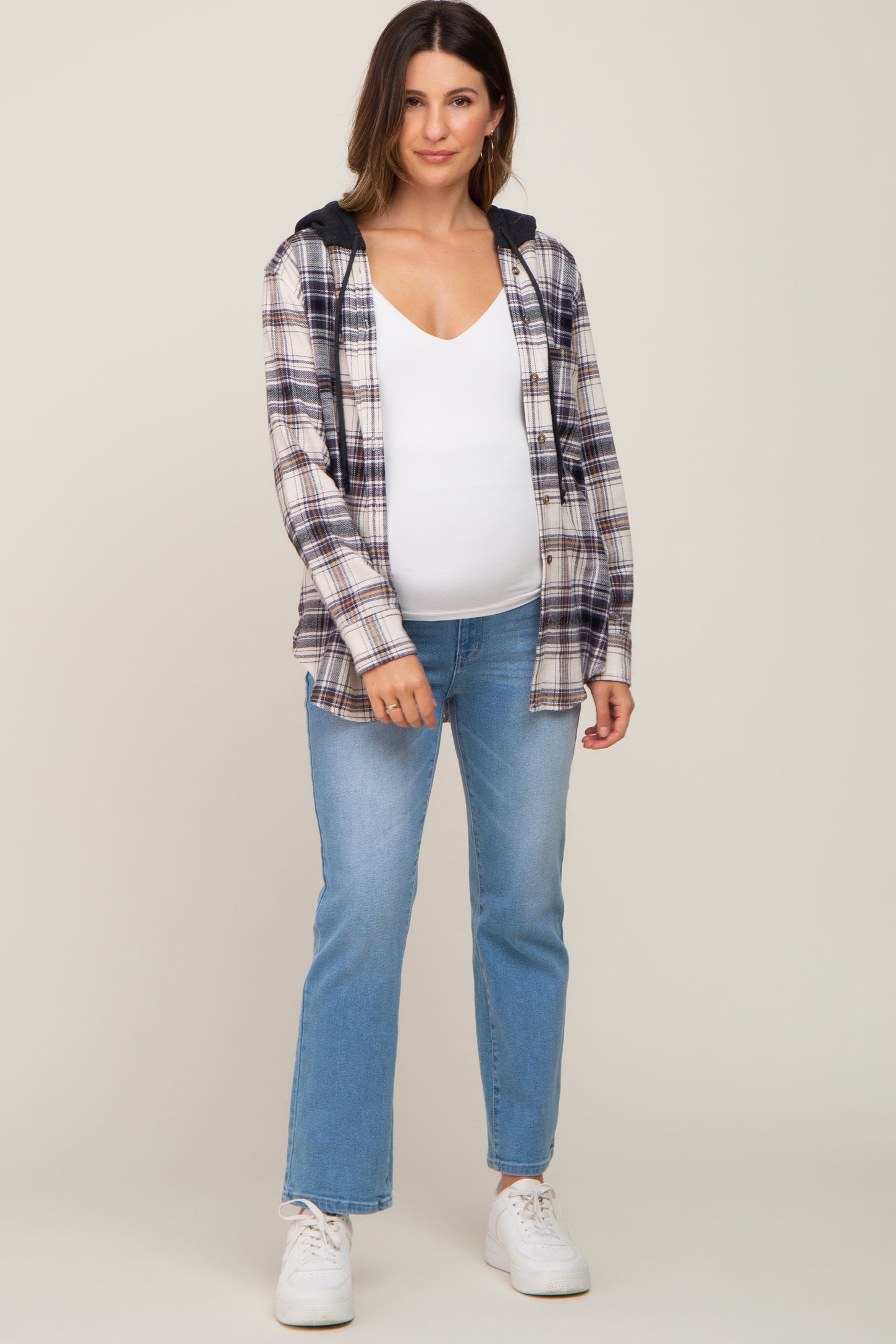 Black Plaid Hooded Maternity Shirt Jacket PinkBlush