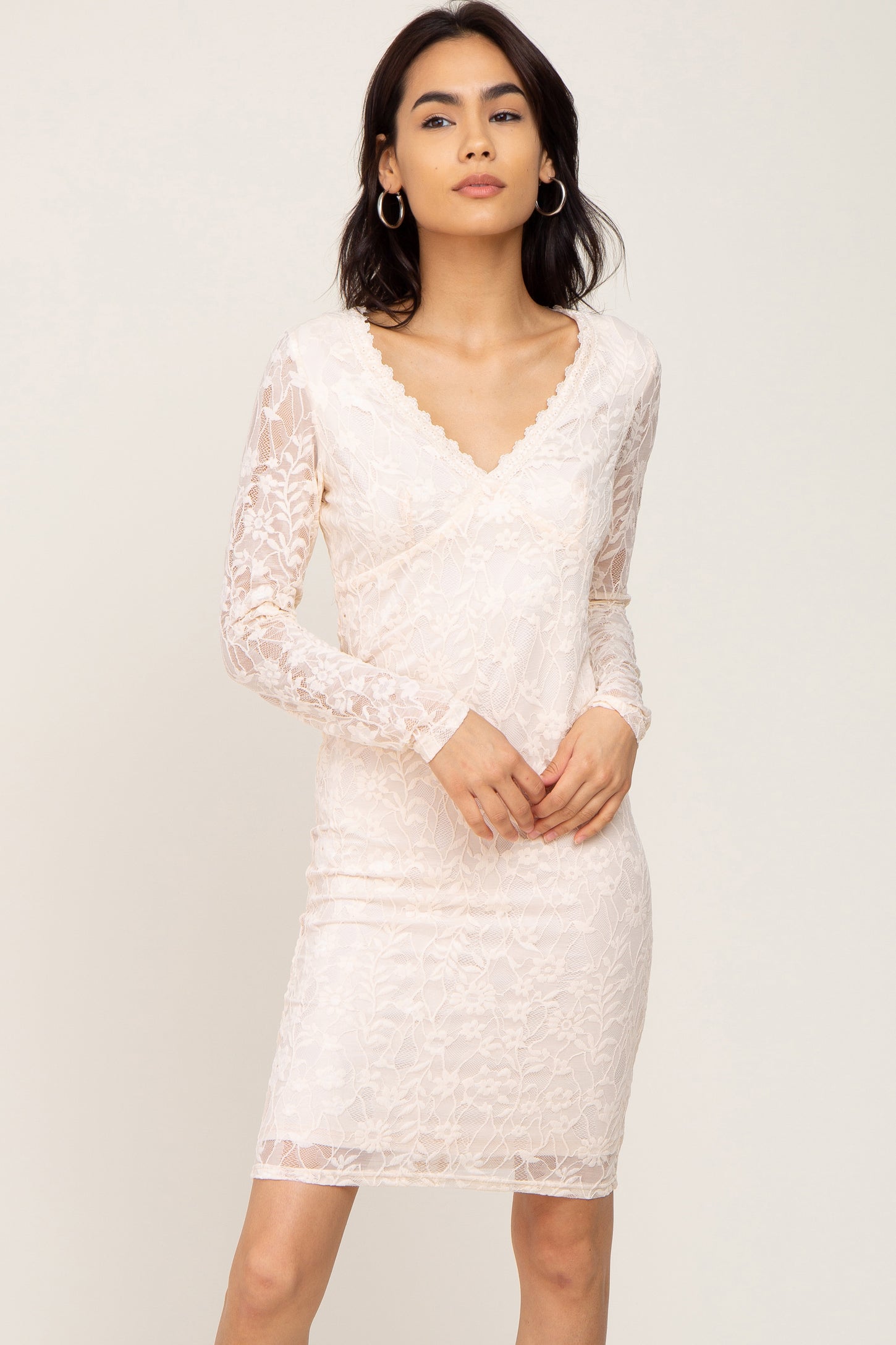 Cream Lace V-Neck Fitted Dress