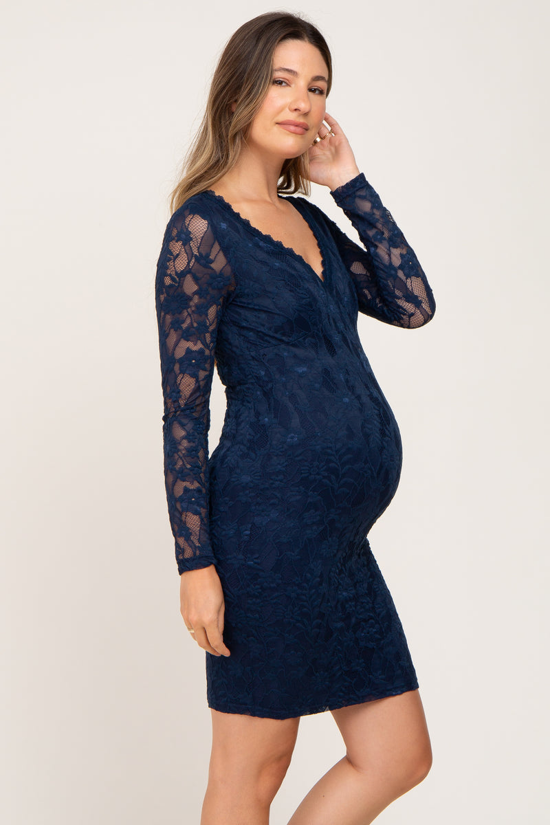 Navy Blue Lace V-Neck Maternity Fitted Dress – PinkBlush