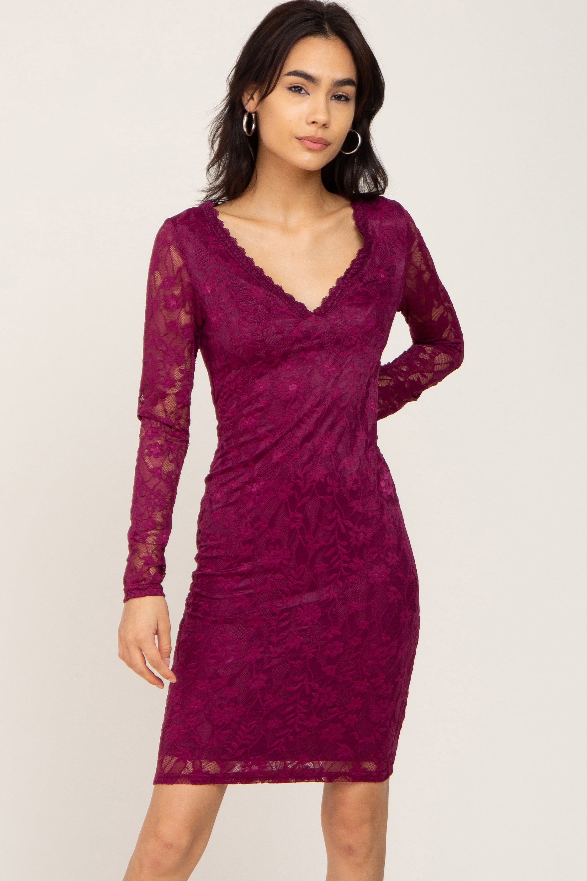 Plum Lace V-Neck Fitted Dress  PinkBlush