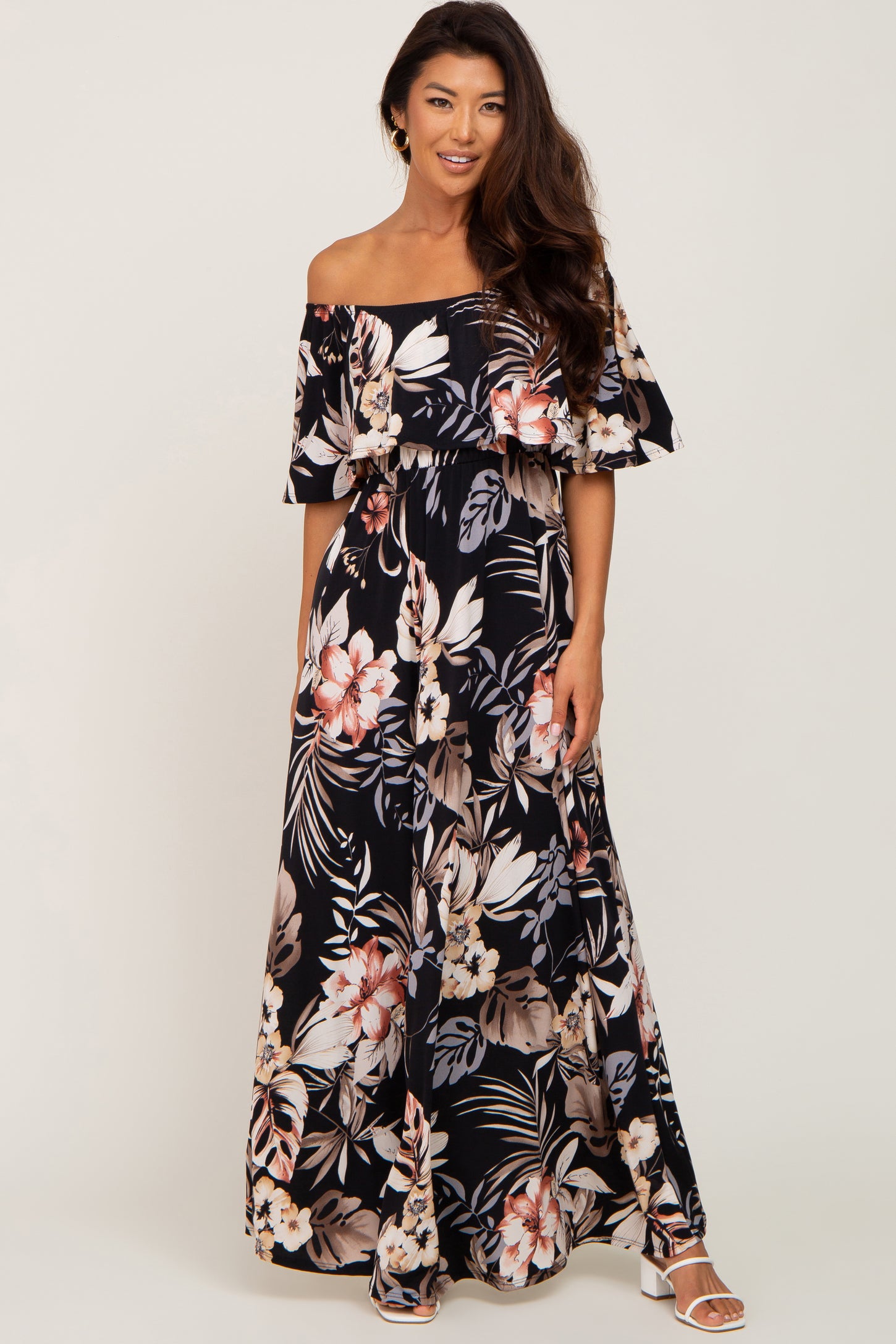 Black Floral Flounce Off Shoulder Maternity Maxi Dress PinkBlush Black Floral Flounce Off Shoulder Maternity Maxi Dress PinkBlush