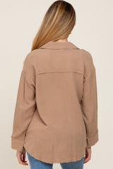 Mocha Button Down Collared Frayed Maternity Top