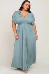 Light Olive Draped Smocked Maternity Plus Maxi Dress