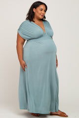 Light Olive Draped Smocked Maternity Plus Maxi Dress
