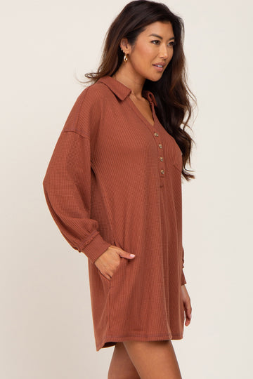 Rust Waffle Knit Collared Long Sleeve Dress
