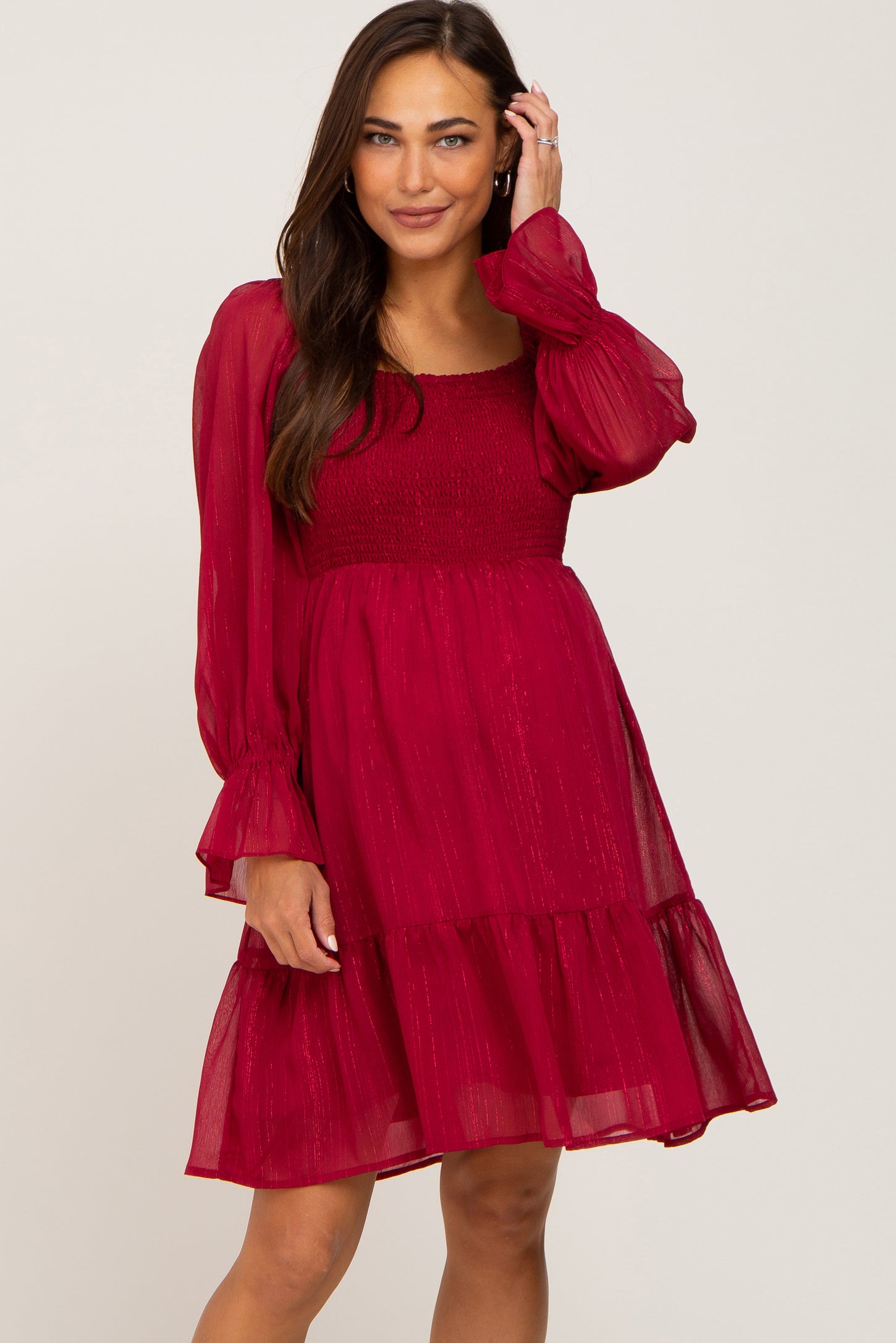 Burgundy Metallic Stripe Smocked Maternity Dress– PinkBlush