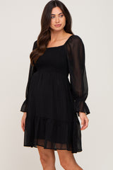Black Metallic Stripe Smocked Maternity Dress