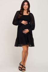 Black Metallic Stripe Smocked Maternity Dress