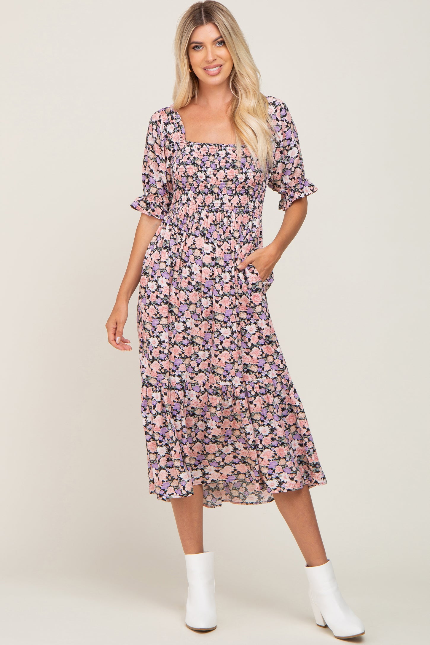 Black Floral Puff Sleeve Midi Dress – PinkBlush