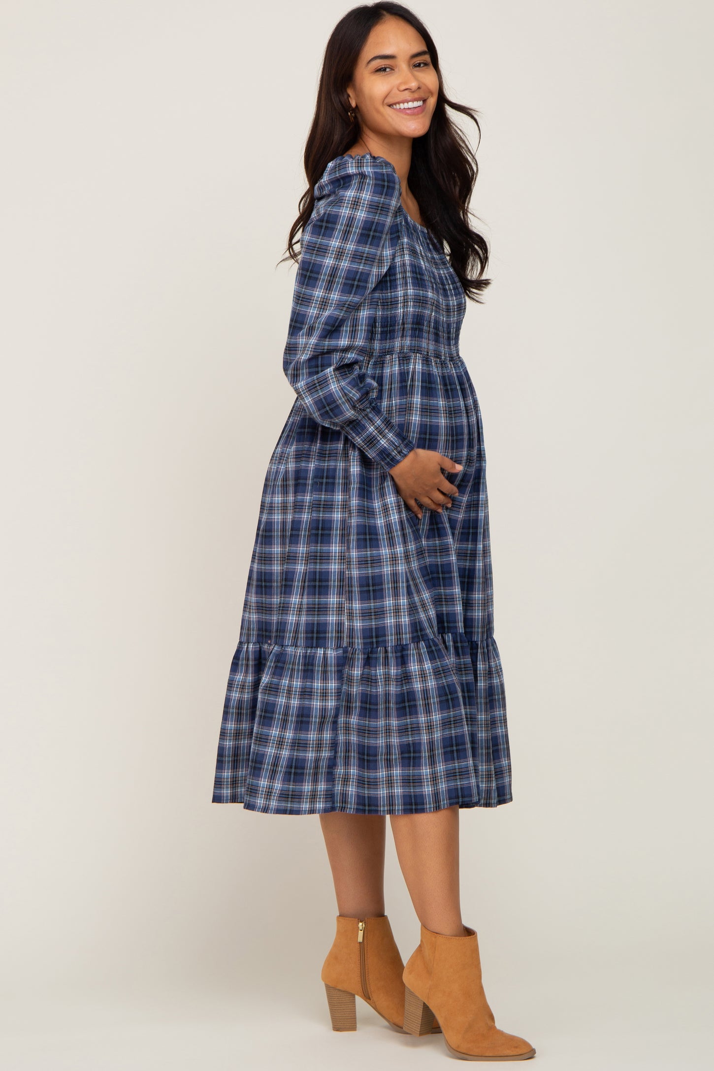 blue plaid maternity dress PinkBlush Blue Checkered Sleeveless Tiered Maternity Maxi Dress Medium