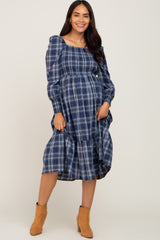 Navy Plaid Puff Sleeve Maternity Midi Dress