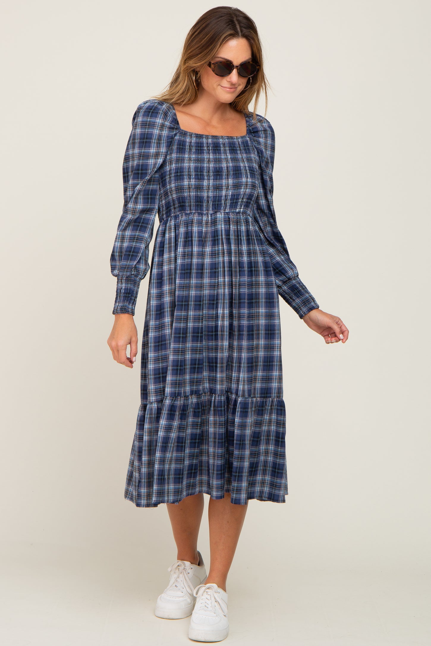 Navy Plaid Puff Sleeve Maternity Midi Dress
