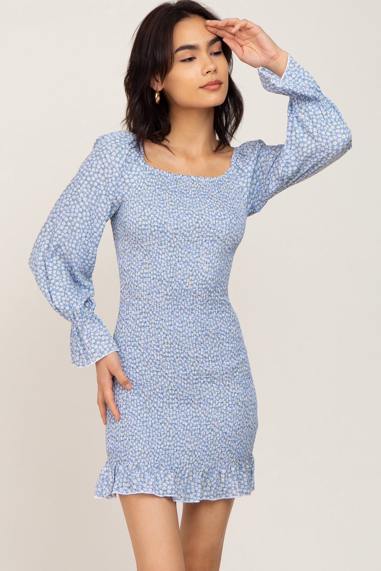 Light Blue Ditsy Floral Smocked Long Sleeve Mini Dress Medium Light Blue Ditsy Floral Smocked Long Sleeve Mini Dress Medium