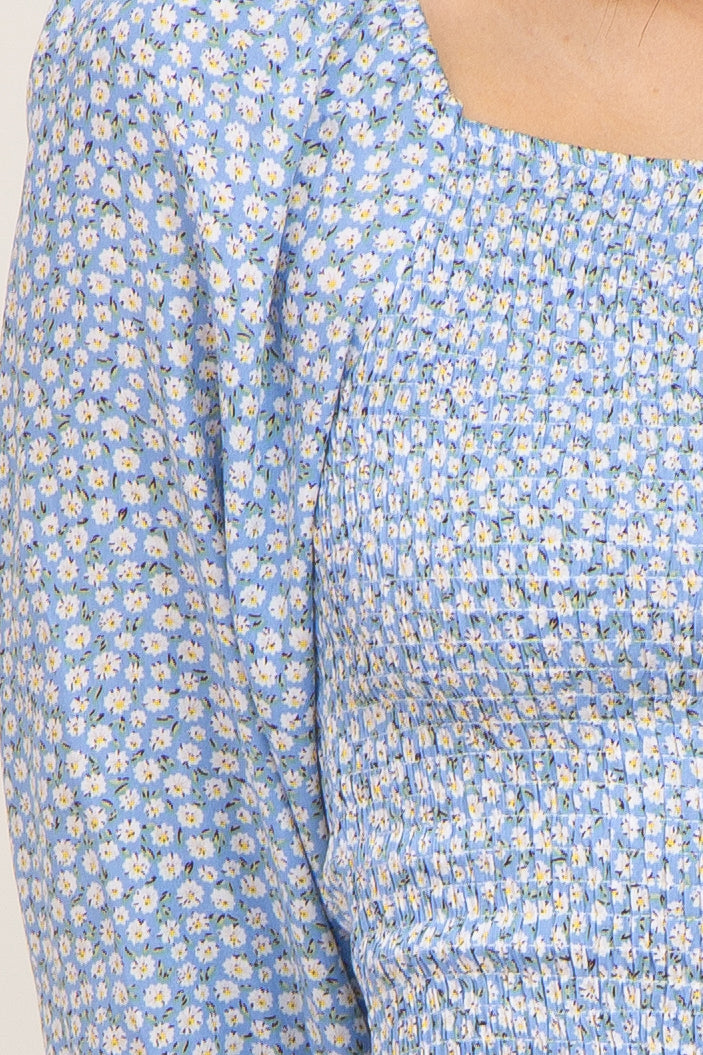 light blue long sleeve mini dress Light Blue Ditsy Floral Smocked Long Sleeve Mini Dress Medium