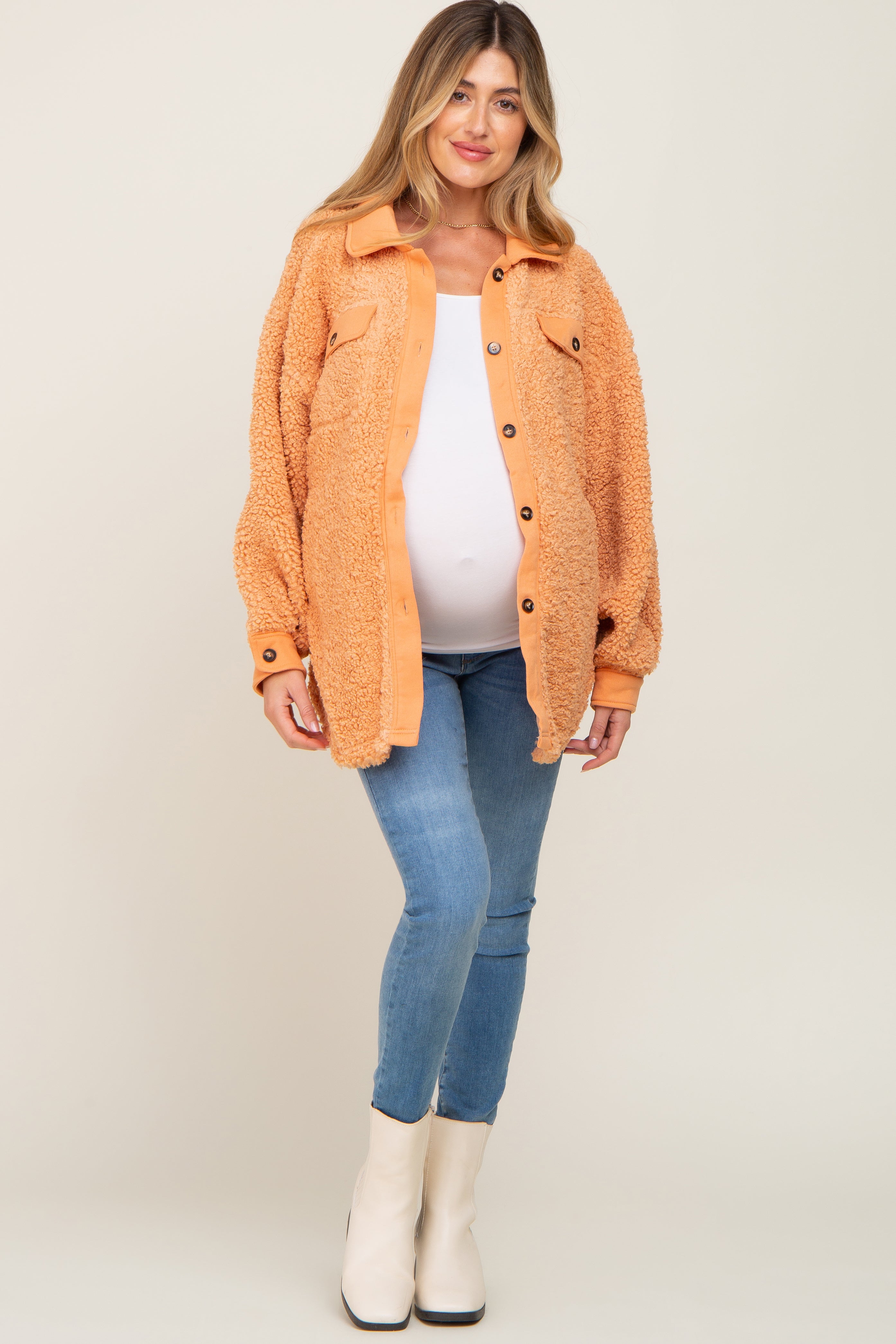 Peach Contrast Sherpa Maternity Coat–